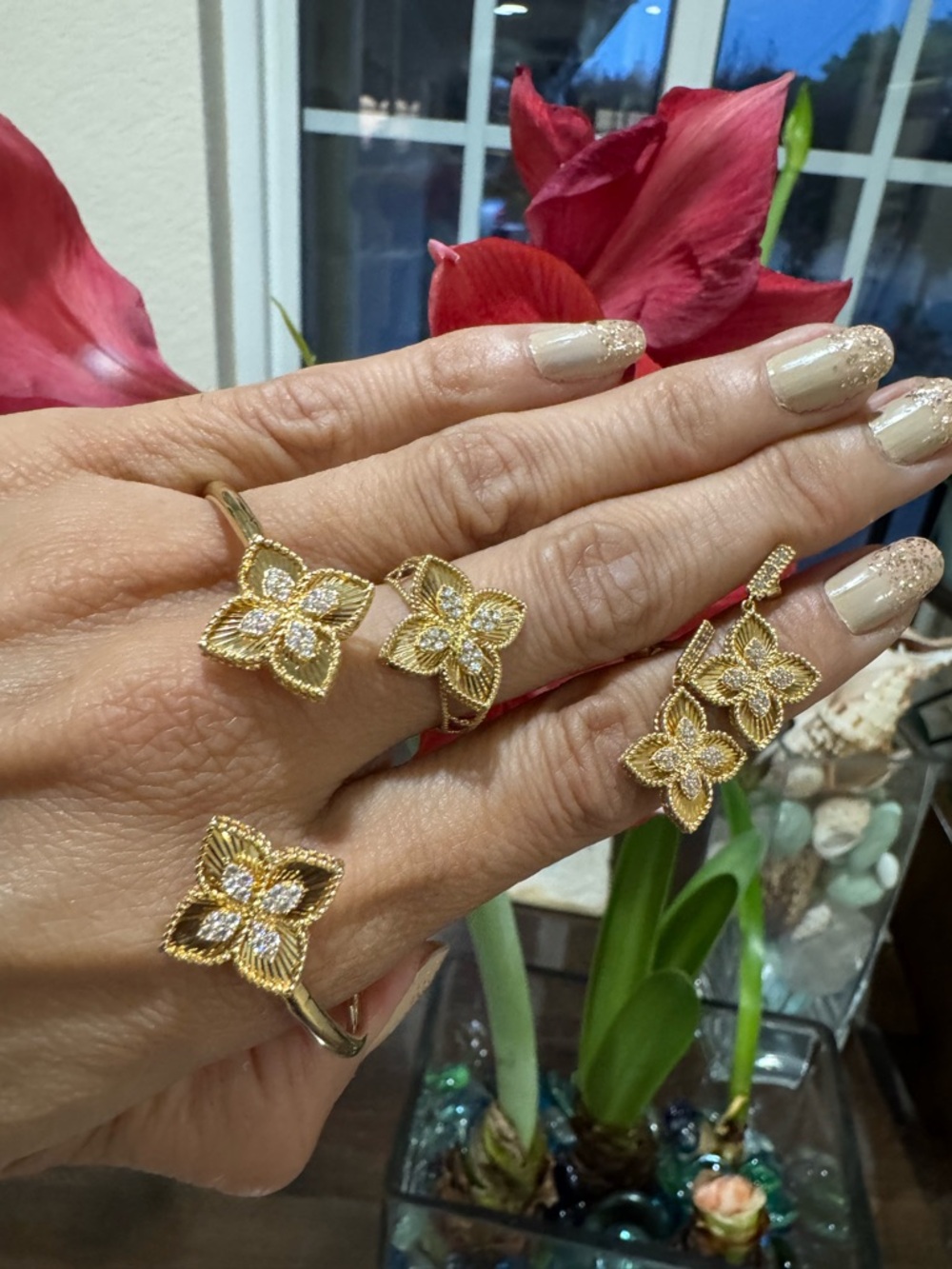18K Solid Yellow Gold Floral Jewelry Set Bangle Earrings Ring 6